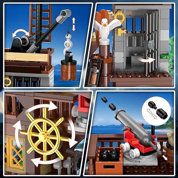 3 Style Pirate Ship Wharf Building Set with LED Light - 781PCS Medieval Pirate's House Building Block Toy, Architecture Bricks Kit for Kids Girls Boys Ages 6-12+ Birthday Gifts
