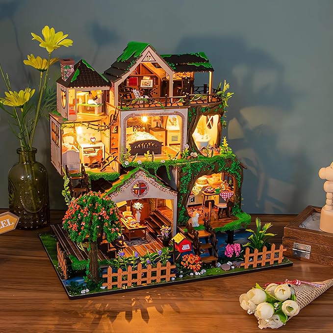 Miniature House Kit, Tiny House Kit with LED, DIY Mini House Building Kits for Adults to Building, Unique Gift for Birthday Christmas, Forest L2501