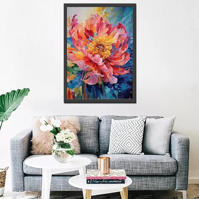 Sacred Peony Jigsaw Puzzles for Adults 1000 Pieces Beautiful Blossom Floral Jigsaw Puzzle 20 x 27 Inch Colorful Watercolor Pink Petal Puzzles for Home Decoration Family Puzzle Perfect for Game Nights