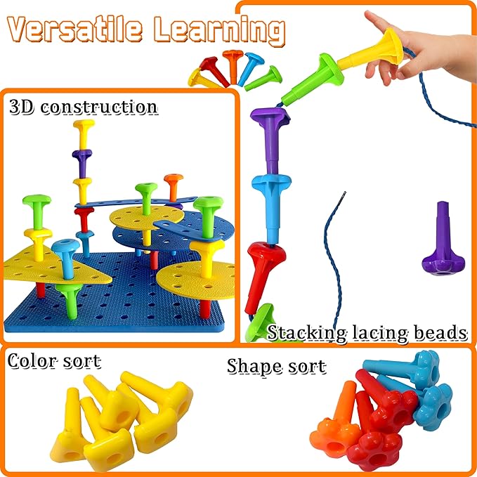 Counting Peg Board for Kids - Toddler Stacking Toys - 65 Pcs DIY Building Set Large Foam Board & Occupational Therapy Toys, Color Sorting & Lacing Toy , Montessori Tools, Peg Puzzles for Toddlers 1-3
