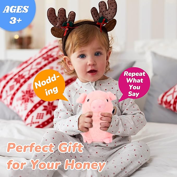 Hopearl Talking Pig Repeats What You Say Piggy Nodding Electric Interactive Animated Toy Speaking Plush Buddy Gift for Toddlers, Pink, 6.5''
