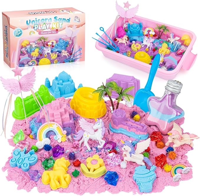 snookids 162Pcs Sensory Bin Magic Sand with Natural Beeswax 690g, Play Sands, Sensory Toys 24 Molds, 3 Unicorns, Sandbox with Lid, Educational Toys and Christmas Gifts for Children 3+