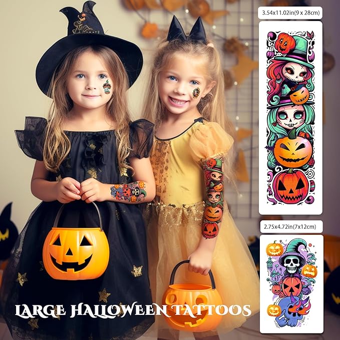 Kids Full Arm Temporary Tattoo, 52 Sheets Halloween Fake Tattoos Realistic for Boys Girls Halloween Party Favors, Pumpkin Ghost Reaper Bat Vampire Coffin Witch Rainbow Cat Spaceship Lasting Tattoos