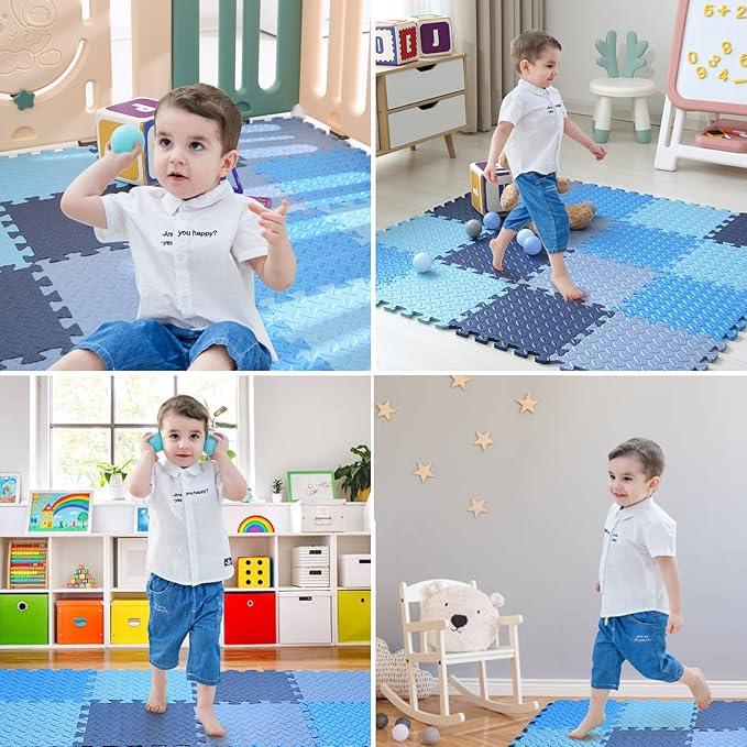 16 Tiles Foam Play Mat for Baby, Soft & Safe EVA Foam Mats for Floor, Square Baby Play Mat, Kids Foam Puzzle Floor Mat, 47x47 Play Mat for Playpen(Dark Blue/Gray Blue/Light Blue/Blue)