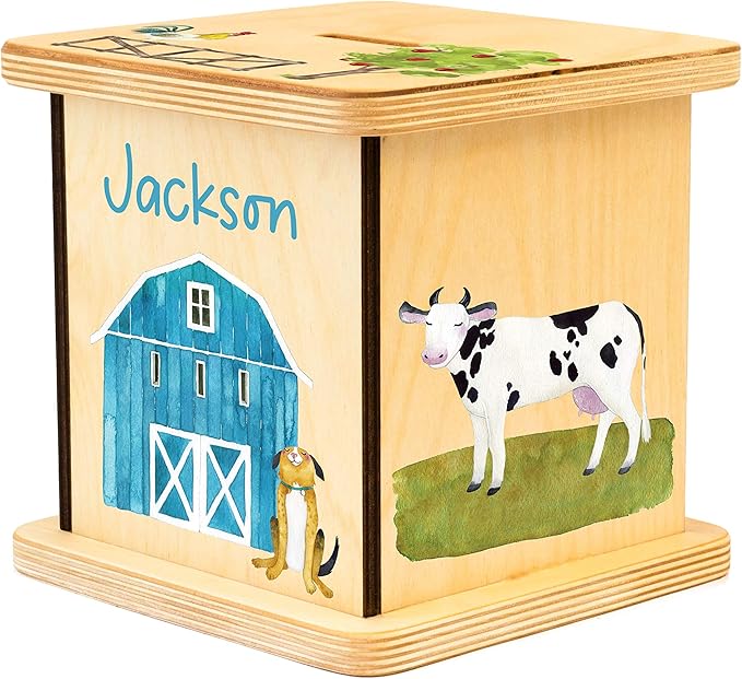 Wooden Piggy Bank for Kids and Adults, Personalized Gift Handmade in USA by BloomOwl, Custom Piggy Bank, Personalized Banks for Kids, Gifts for Baby Boys and Girls (Farm- Blue)