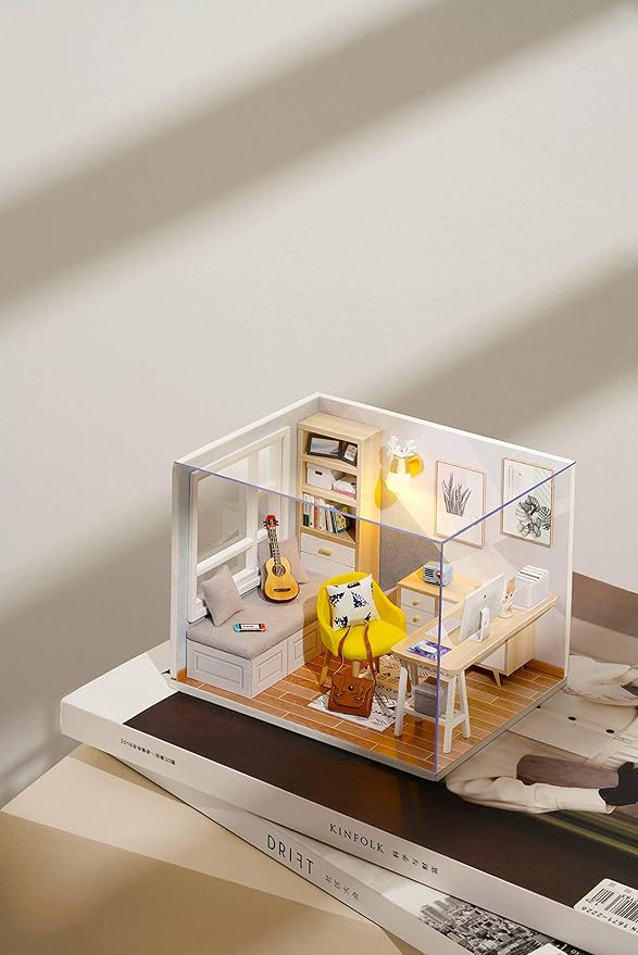CUTEROOM DIY Doll Room Miniature Furniture Wooden House Kit - Wooden Dolls House Kit with Dust Cover & LED Light and Accessories - QT Series Dollhouse