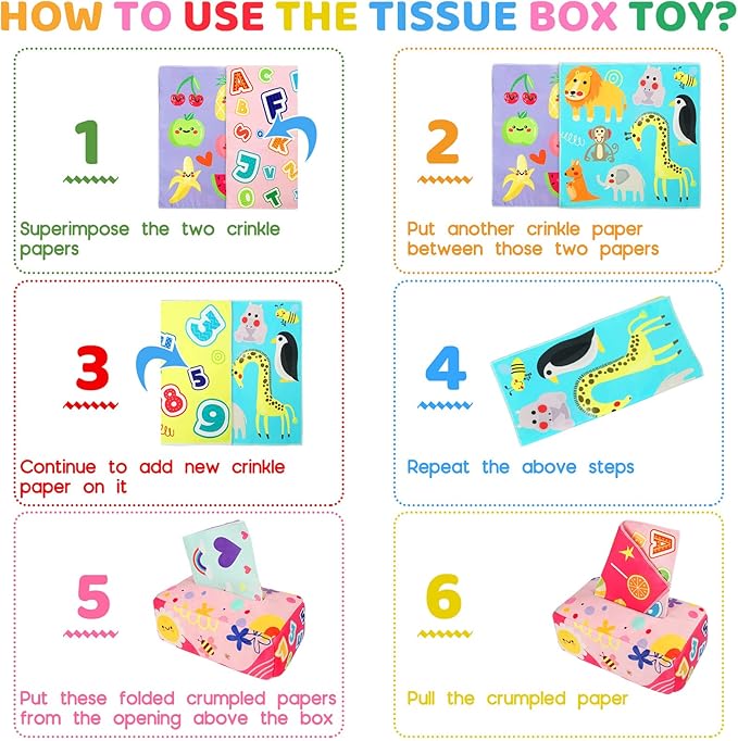 Baby Tissue Box - Montessori Toys for 6-12 Months, 1 Year Old - Soft Stuffed High Contrast Crinkle Infant Sensory Toy, Boys&Girls Toddler Early Learning Baby Gifts