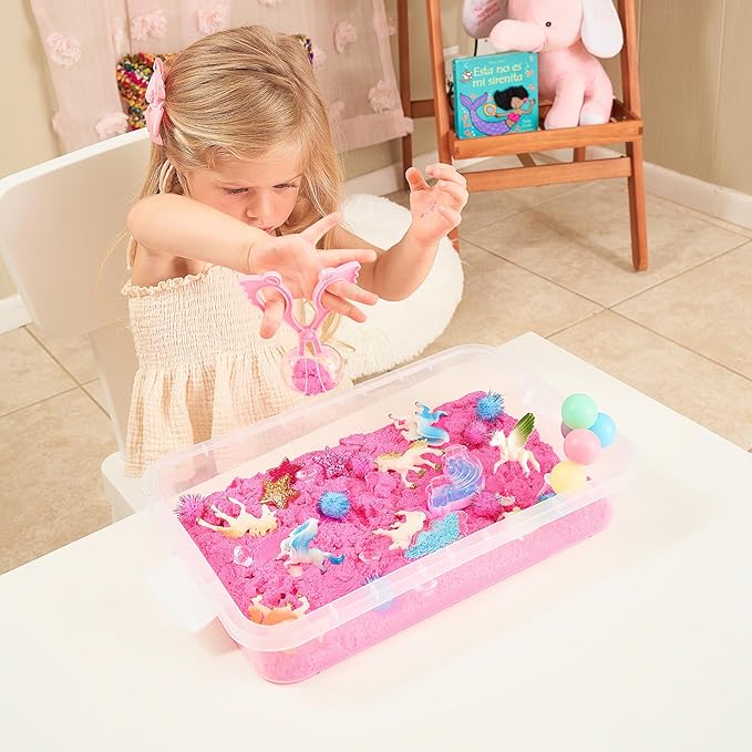 Premium 38 PCS Unicorn Sensory Sand Bin-2 lb Magic Sand, Sensory Bin for Toddlers & Sand Scooper-Count Sparkly Pom-Poms, Bring Unicorns to Life - Ideal Gift for Kids