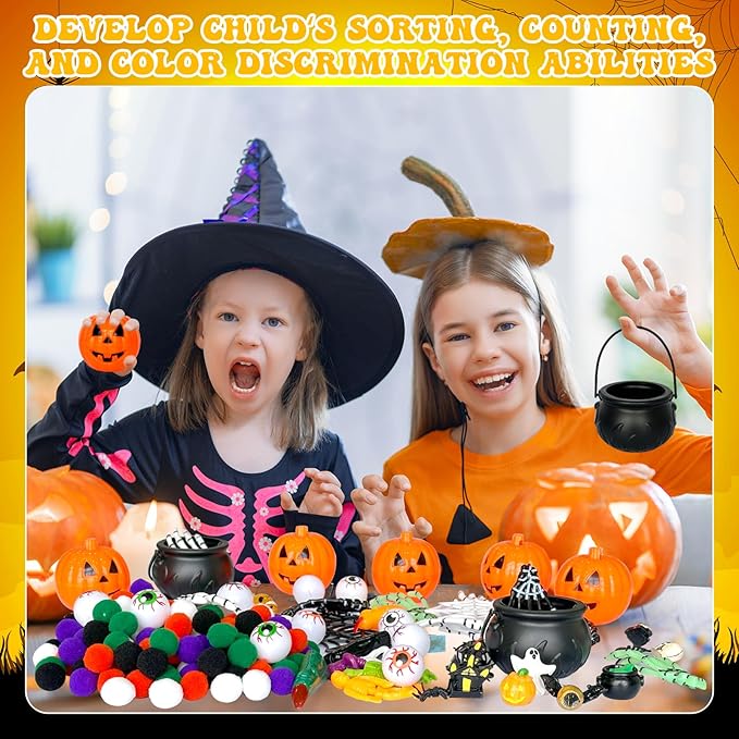 243 Pcs Halloween Sensory Bin Filler Sensory Bin Items Fine Motor Tools Counting Sorting 150 Pom Pom 75 Resin Pumpkin Witch Hat Skeleton Hand Ghost for Halloween Sorting Counting Training