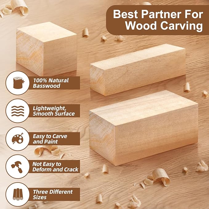 19Pcs Basswood Carving Blocks, Bass Wood with 3 Sizes for Widdle and Whittle Crafts, Soft Whittling Wood Blocks for Kids and Adults Beginners