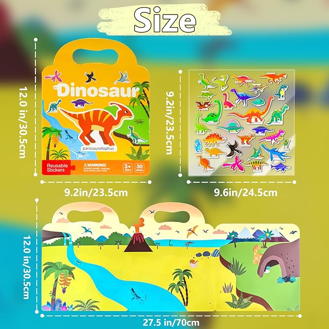 3 Pack Reusable Sticker Books for Kids, Waterproof Puffy Stickers - Match the Shape and DIY Scene, Toddler Travel Essential Quiet Time Activities Toys - Vehicle, Space and Dinosaur (2-6 Age)