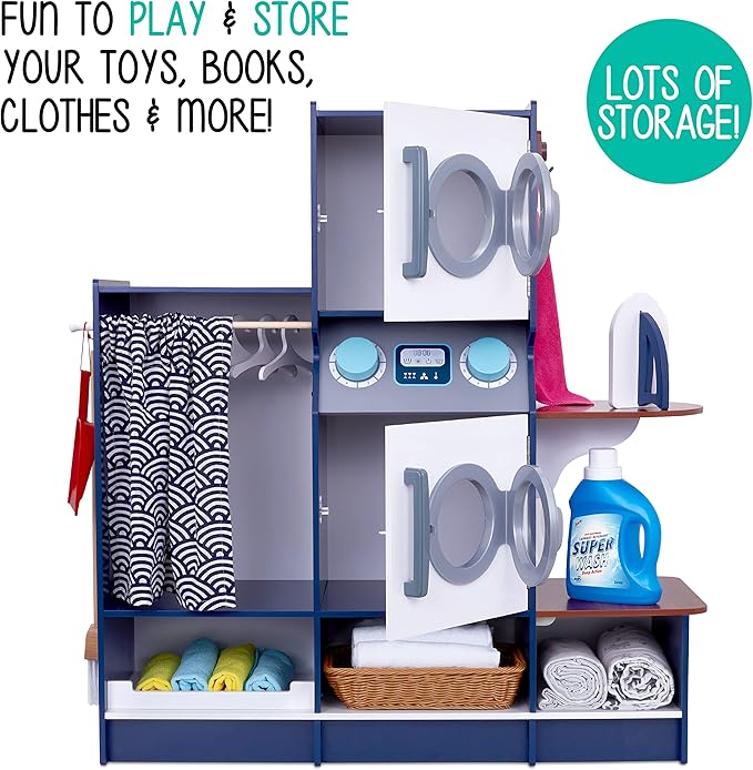Lil' Jumbl Kids Washer and Dryer Playset, Wooden Children's Pretend Laundry Set, Includes Broom, Dustpan, Iron, Hangers & Basket, Realistic Laundry Room for Kids
