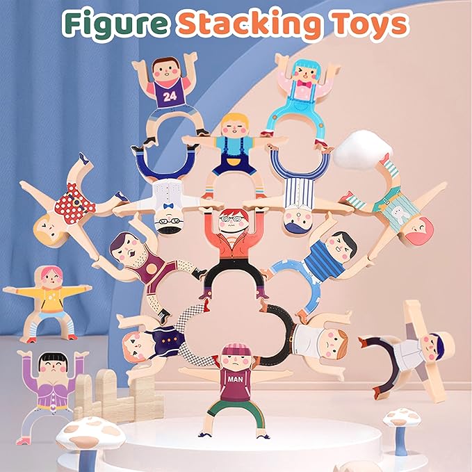 Stacking Figure Toys, Fun Balancing Building Blocks Game for 3 4 5 6 7 8 + Years Old Boys Girls, Family Stacking Games with 12 PCS Figure Blocks and Balls, Preschool Party Favors Birthday Gifts