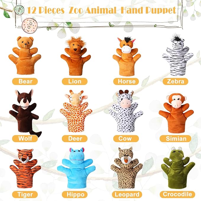 Hungdao 12 Pieces Hand Puppet Zoo Animal Plush Puppets Cute Animal Plush Pretend Educational Toys with Tiger Lion Bear Leopard Design for Telling Story Teaching Role Play