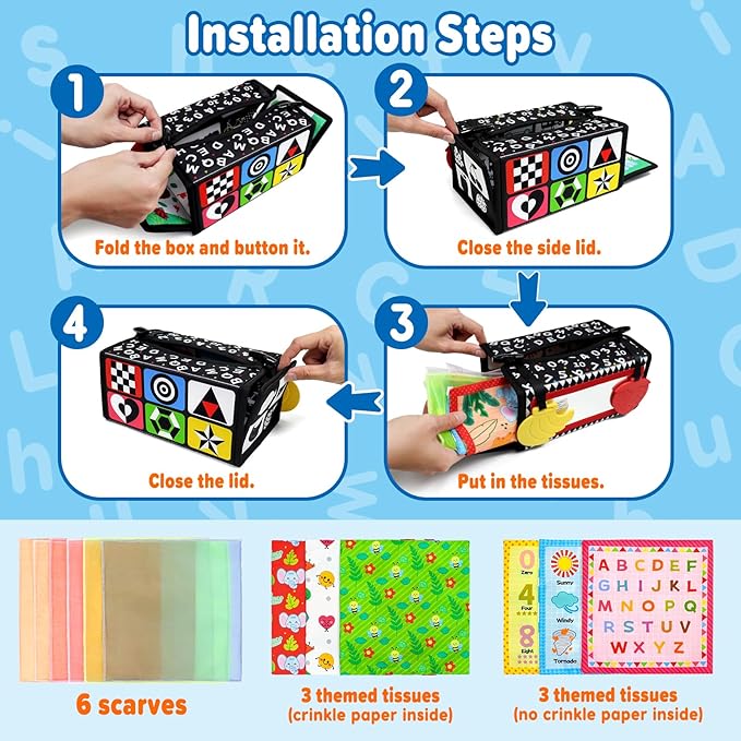 Dr.Rapeti Tummy Time Mirror, Tissue Box Toy, 3in1 Black and White High Contrast, Double-Sided Foldable Sensory Montessori Toy, Crinkle Silk Scarves Teethers 0-6 6-12 Month Newborn Infant Baby
