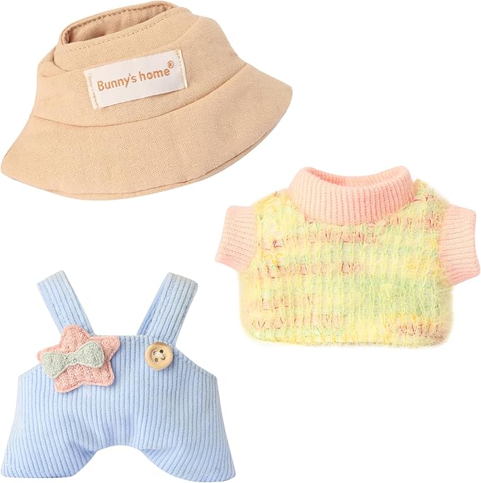 17cm Design Clothes for Labubu - Kawaii Chic Style Set for 17cm Dolls, Cute Doll Outfit with Accessories - Colorful T-Shirt + Star Light Blue Romper + Oatmeal Hat (Clothes Only)