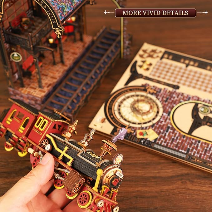DIY Book Nook Kit for Adults - LED Magic Station Book Nook with Steam Train, Mini House Bookshelf Decor 3D Wooden Puzzles with LED Light, Alley Model Build Birthday Gift for Family, Friends
