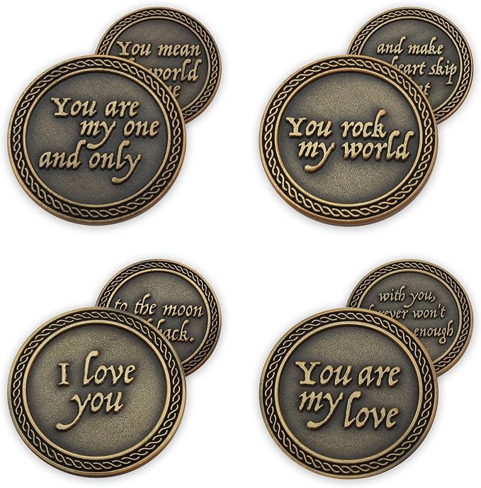 Romantic Love Expression Antique Gold Plated Coins for Date Night, Pack of All 12 Valentine Coins for Significant Other, Love Gift for Men and Women, from Him or Her
