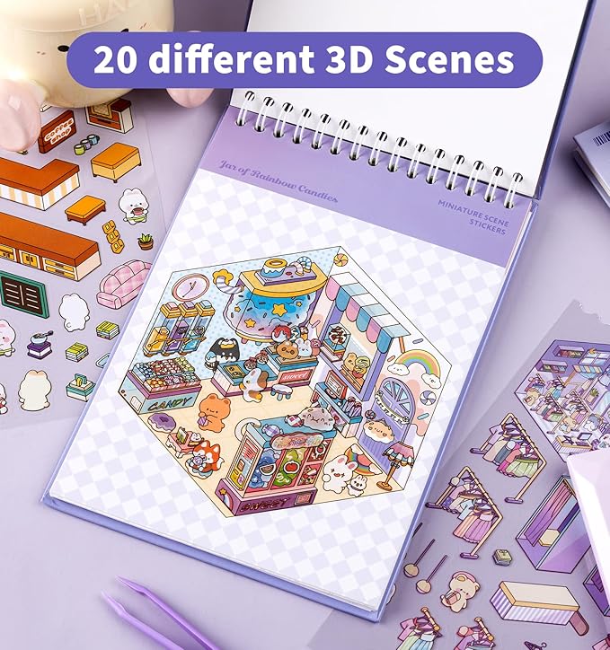 DIY 3D House Stickers, 4 Sets Fun DIY Stickers Scene Make Your Own Mini House Cute Cartoon Animal Scene Stickers for Kids Adult Sticker Art Relief Stress Pass The Time-20 Sets
