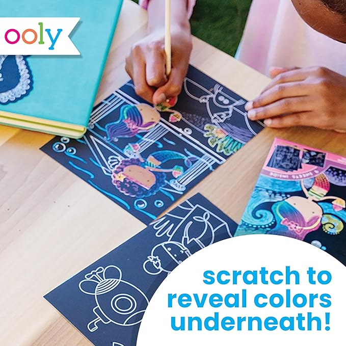 Ooly Scratch & Scribble 10pc Art Kit with 8 Total Scratch Cards (4 Illustrated, 2 Blank, 2 Rainbow) with Scratching Tool and Sparkled Stickers, Art Set Gifts for Kids - Monster Pals
