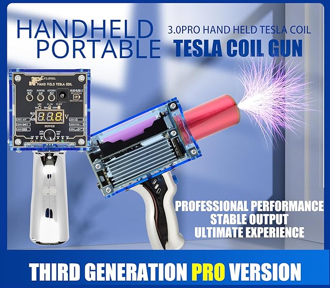 2025 Tesla Coil Handheld Gun,Plasma Coil Desktop Toy Science Education kit Mode Touchable Artificial Lightning Spark Gap Arc Generator Teaching Experiment Tool Teen boy Gifts(Portable Mode of Charger)
