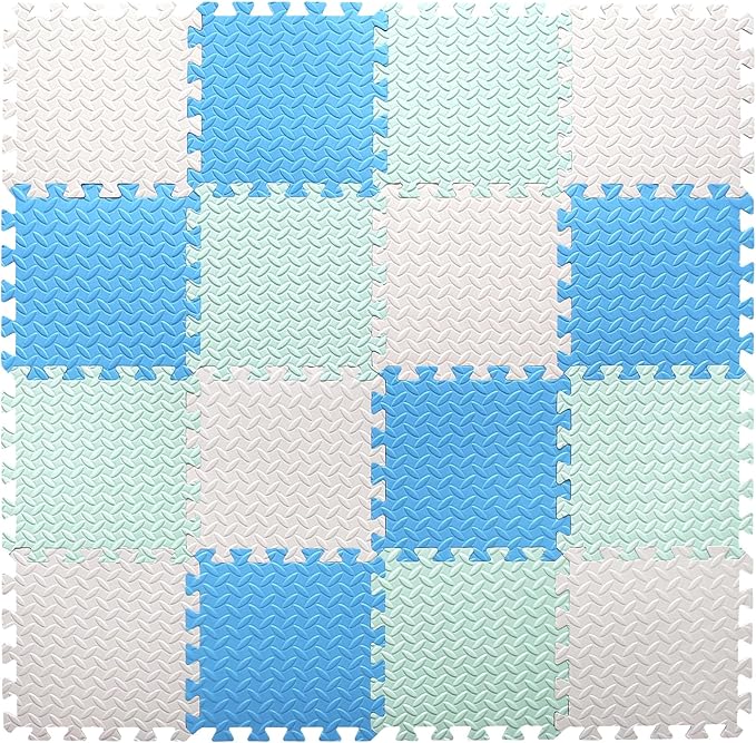 Foam Play Mat for Baby, EVA Soft Non-Toxic Playmat, Interlocking Floor Mats, Solid Colored Foam Puzzled Floor Mats, Baby Play Mat Exercise Mats, 16 Tiles(White/Green/Light Blue)