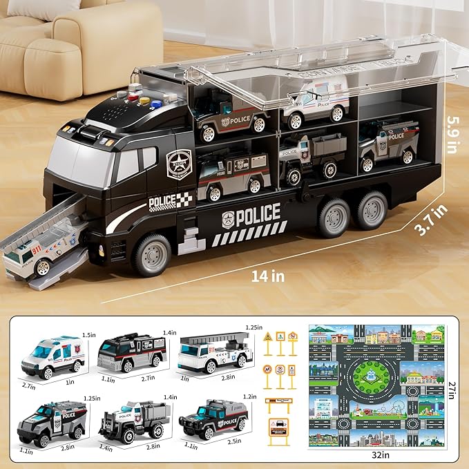 Toddler Boys Toys for 3 4 5 6 Years Old, Police Truck Vehicle Toy Set with Play Mat and Die-Cast Toy Car, Transport Carrier Truck for Kids, Birthday Gifts Toys for 3 4 5 6 7 8+ Year Old Boys