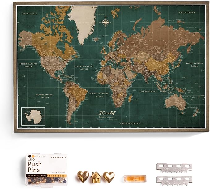 Canvas World Map with Cork Pin Board - English Lettering - Decorative Wall Decoration for All Rooms - Canvas Pictures with World Map Motif (70x50 cm, Pattern 4)