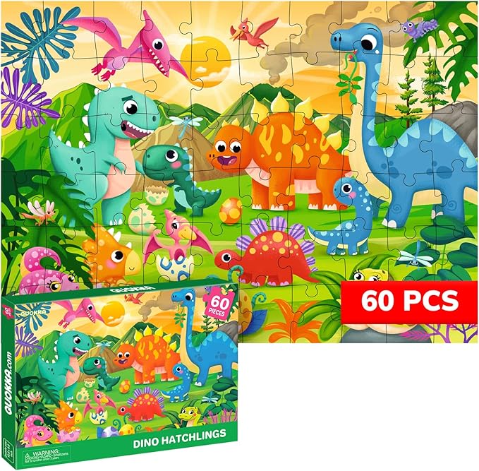 QUOKKA Puzzles for Kids Ages 4-6 – 60 Piece Jigsaw Puzzles for Toddlers Ages 3-5 with Dinosaurs – Quiet Time Toy for Preschoolers 2-4 – FSC Certified Educational Learning Game for Boys and Girls
