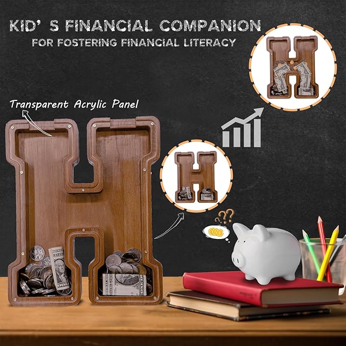Wooden Letter Piggy Bank for Kids Larger Letter Piggy Bank for Boys and Girls Personalized Piggy Bank Initial Coin Bank Wood Kids Money Bank for Birthday and Festival