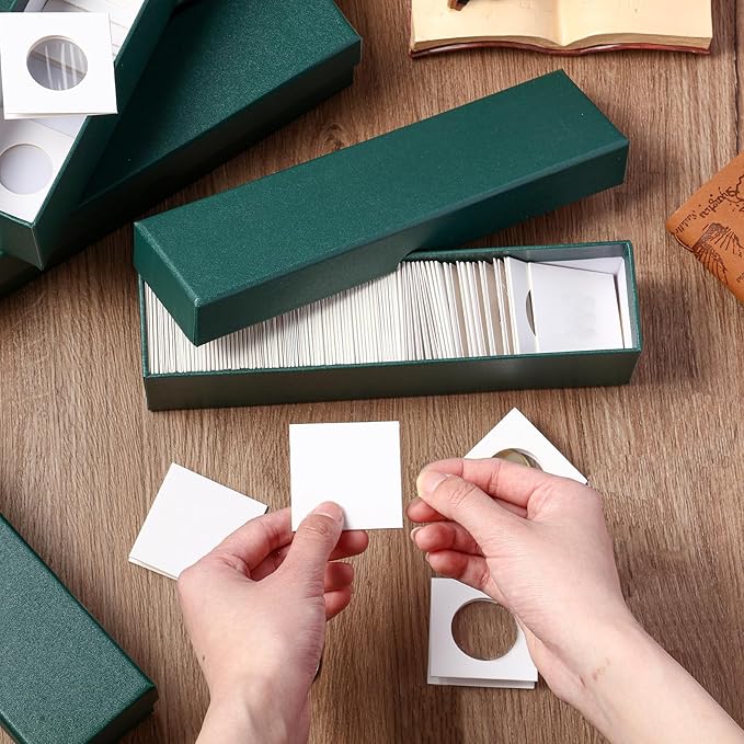 Teling 8 Pcs Coin Storage Box 2x2inch Flip Holders Collectors Coin Supplies Holders for Cents Collection Cardboard (Dark Green)