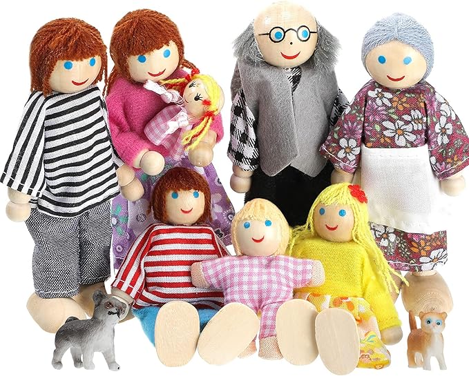 Skylety 10 Pcs Wooden Dollhouse Set of Mini People Figures Dollhouse Dolls Wooden Doll Play Figures Accessories(Classic Style)