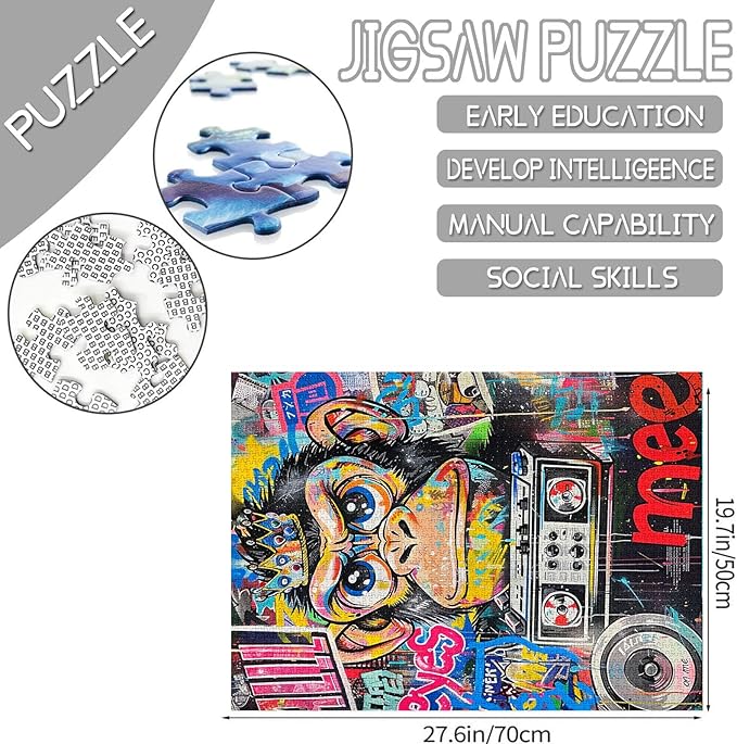 Tucocoo 1000 Piece Jigsaw Puzzles for Adults Graffiti Monkey Painting Jigsaw Puzzle Colorful Street Art Radio 1000 Pieces Puzzles for Challenging Family Activity Game Banksy Art DIY Puzzle Wall Decor