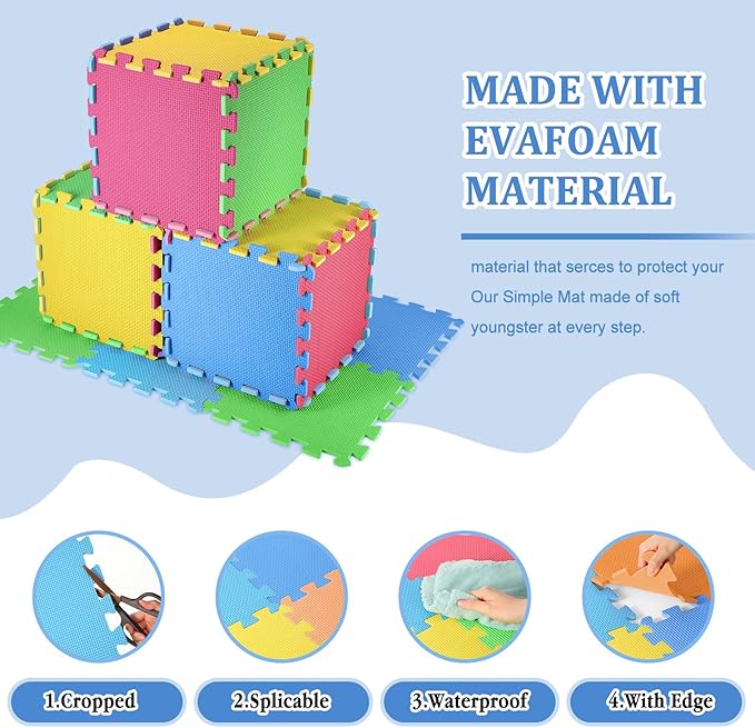 Nuanchu 60 Pcs Kids Foam Puzzle Floor Mat Bulk Solid Color Foam Play Mat with Borders Interlocking Multi Use Floor Rug for Baby Toddler Children 12 Inch (Green, Blue, Yellow, Red)
