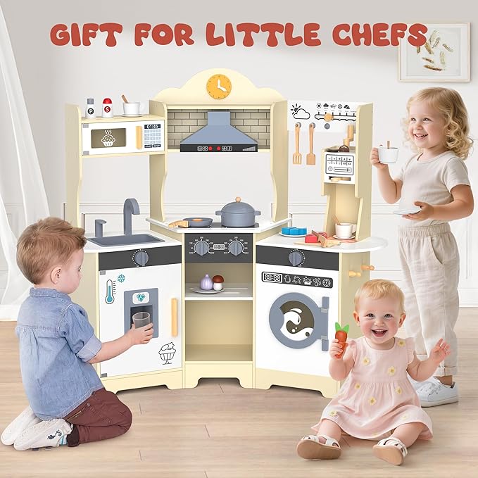 ANPABO Play Kitchen for Kids, Wooden Kids Kitchen Playset for Toddlers with Lights & Sounds, Pretend Play Toys with Coffee & Ice Maker, 30Pcs Toy Kitchen Accessories Gift for Boy&Girl (Yellow)