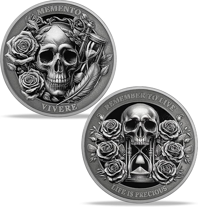 AtSKnSK Memento Mori Coin Momento Mori Coin Skull Coin Stoic Gifts Memento Mori Calendar Living Memento Mori Amor Fati Coin (Memento Mori Coin - 1)