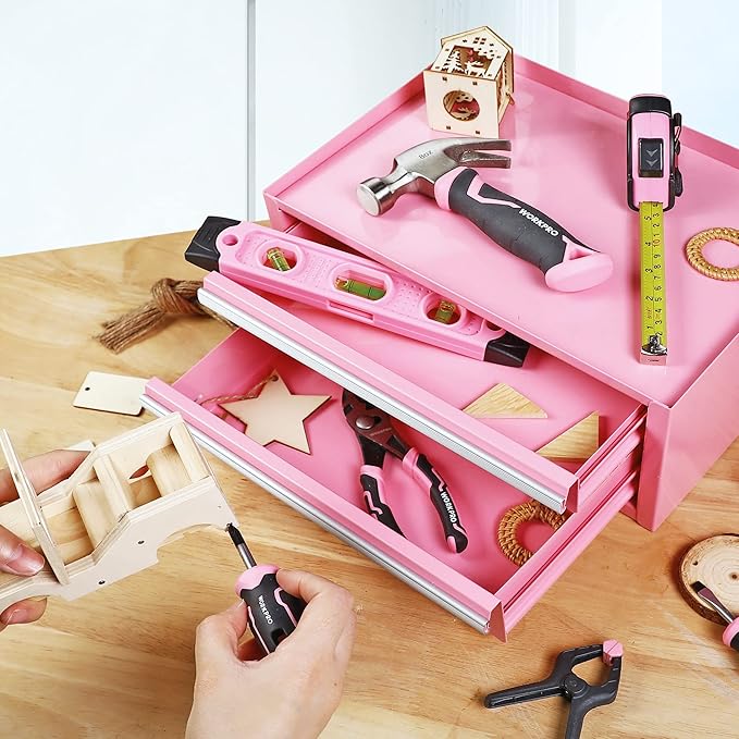 WORKPRO Pink Real Tool Set for Kids with 12 Inch Mini Steel Tool Box with Wheels, 10PCS Kids Real Tools with 2 Drawers Desk Metal Rolling Tool Chest, Children's Tool Kit for Home DIY- Pink Ribbon
