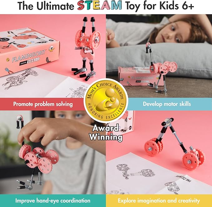The Off Bits Erector Set: Animal Mini STEM Toys for Kids 6+, Toy Building Sets with Nuts & Bolts, STEM Building Toys Gifts for Boys and Girls (Pink Flamingo)