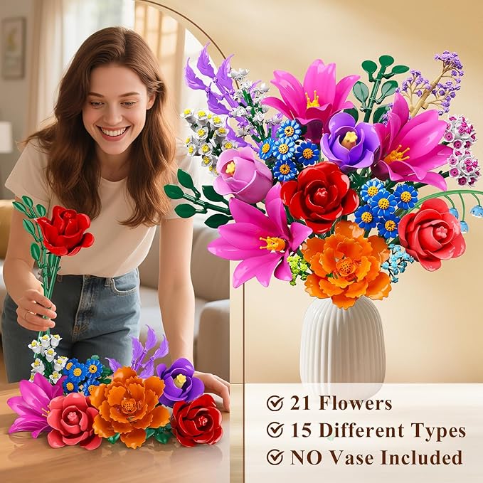 Flowers Bouquet Building Set with LED Light, 21 Flower Botanical Collection Building Block Toy, Rose Lily Plants Home Office Decor 1054PCS, for Her Adults Women Kids Girls 12+ (RED)