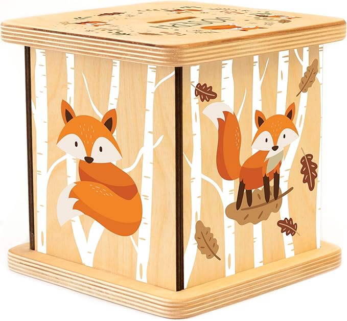Wooden Piggy Bank for Kids and Adults, Personalized Gift Handmade in USA by BloomOwl, Custom Piggy Bank, Personalized Banks for Kids, Gifts for Baby Boys and Girls (Woodland Friends) (Woodland- Fox)