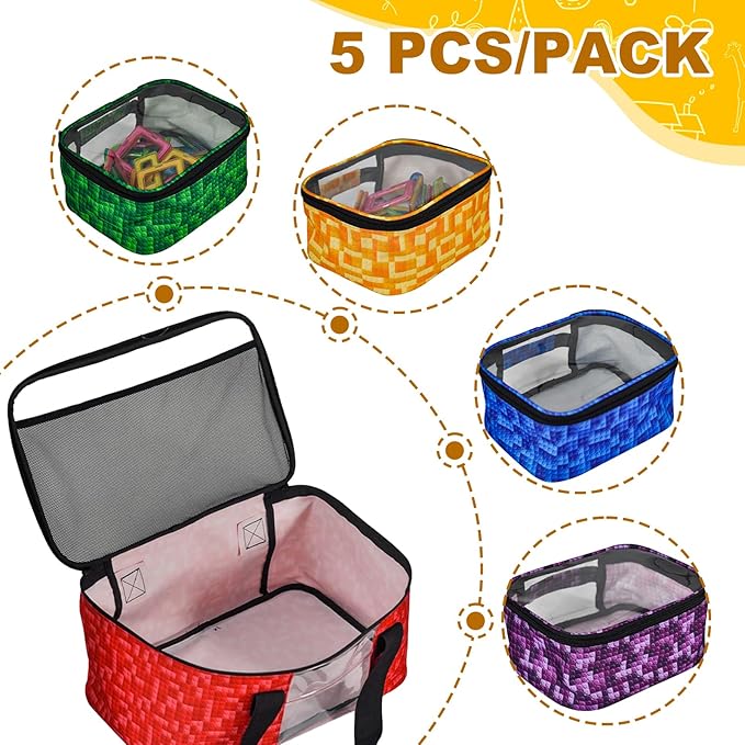 5-Pack Magnetic Tiles Storage Bags Set,Toy Organizer Case,Multifunction Portable Travel Magnetic Tile bag with Visible Top for Building Blocks,Lego Bricks,Puzzles,Toy Cars,Board Game