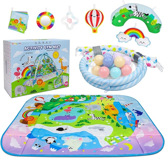 Dr.Rapeti Baby Play Gym Mat Animal Planet with Ball Pit Activity Gym Center Tummy Time Mat Thickened Mat Sensory Exploration Motor Skill Development for Newborn Infant Baby Toddler for 0+