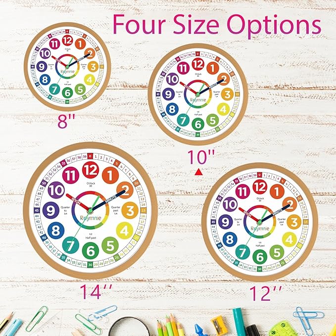 Wall Clock 10 Inch for Kids Learning Easily Kids Teaching Clock Analog Silent Non Ticking Battery Operated Colorful Teaching Time Clock Decorative for Kids Room Kitchen School