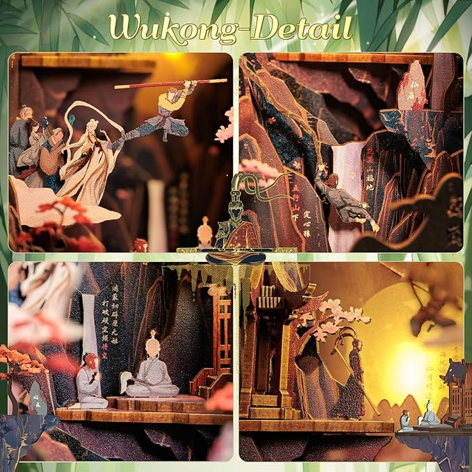 Fsolis Book Nook Kit, DIY Miniature House Kit 3D Wooden Puzzle Craft Kit for Adults Bookshelf Nook Decor Decorative Bookend Gifts for Book Lovers- The Legend of Wukong (No Glue Required)