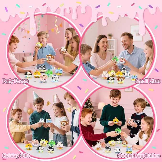 HIGH GODO Animal Party Favors Building Blocks, 10 Pack Mini Food Animals Building Set, Goodie Bag Stuffers, Classroom Small Prize Toys Gifts for Kids Boys Girls Age 8+