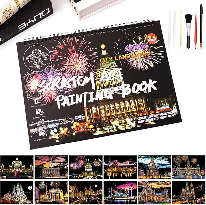 Scratch Art Book for Adults - 12PCS Scratch Painting Foil Art for Adults Scratch City Series Books Foil Engraving Scratch Art Adult Set with 6 Tools