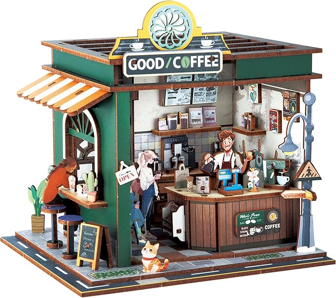 Book Nook Kit - DIY Miniature House Kit for Adults, Dollhouse Booknook Tiny House Bookshelf Decor 3D Wooden Puzzle Street Model, Ideal Gift for Book Lovers, Family, Friends (Coffee Shop)