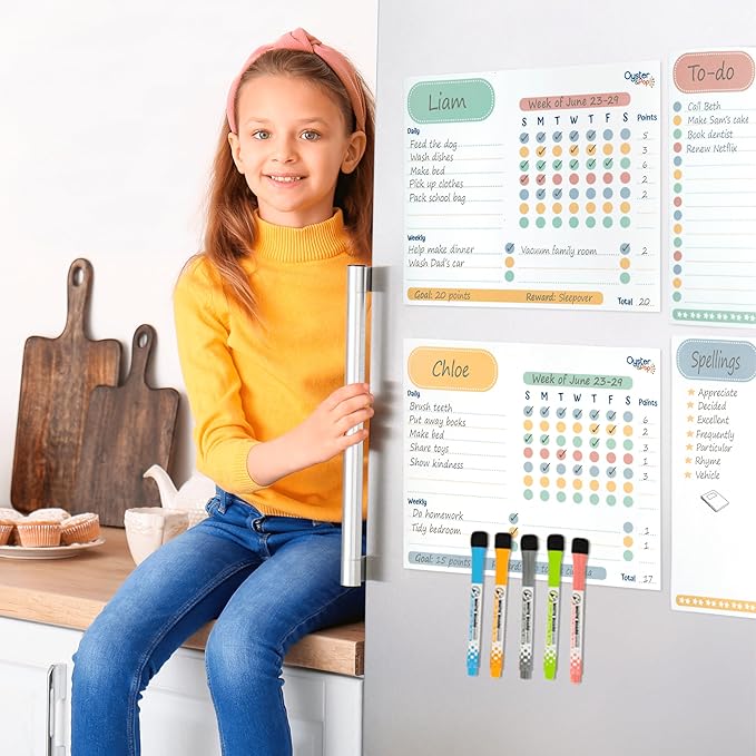 Magnetic Chore Chart Set for Multiple Kids & Adults - 4pcs Dry Erase Boards - Memo Sheet & To-Do List Whiteboard - Family Fridge Organizer - 5 Fine Tip Markers - Reward Good Behavior & Responsibility