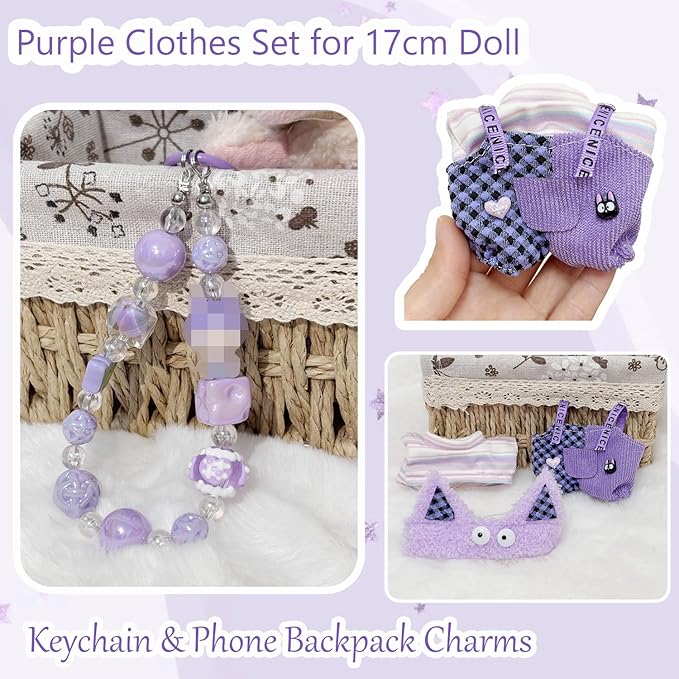 17cm Dolls Clothes, 4 Piece Set Hat Clothes Charms Accessories for Doll, Stylish Adorable Purple17cm Outfits (NO Doll)
