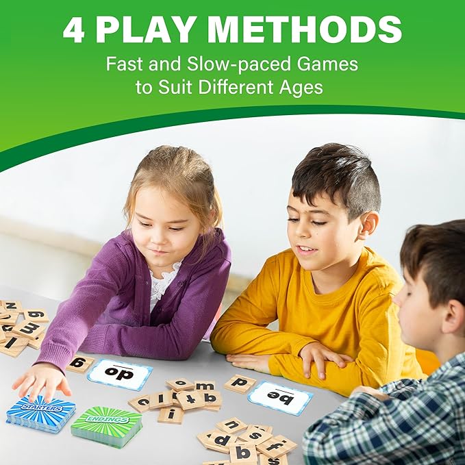 BenBen Spelling Games with 112 Flash Cards, Wooden Letter Tiles, CVC Sight Word Games for Kids Ages 4+, 1-4 Players, Decoding, Learn to Read Learning Toys for Kindergarten 1st 2nd 3rd Grade